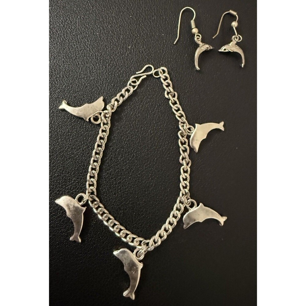 Sterling Silver Plated Dolphin Ocean Theme Set Dangle Earrings & Bracelet